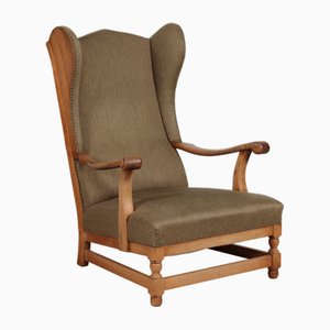 High Back King Chair in Oak with Greenish Wool by Axel Einar Hjorth, Denmark, 1940s