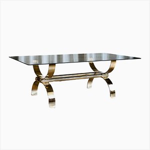 Grande Table Basse Mid-Century Ronde en Verre Fumé avec Pieds en Laiton, 1970s