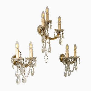 Triptych of Maria Theresa Style Crystal Wall Lamps, 1940s, Set of 3
