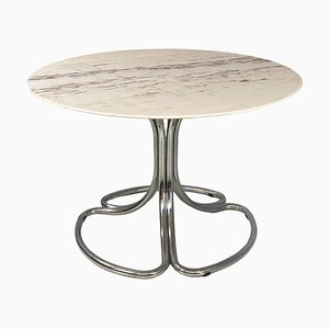 Mesa de comedor portuguesa italiana moderna redonda de mármol y acero cromado, años 70