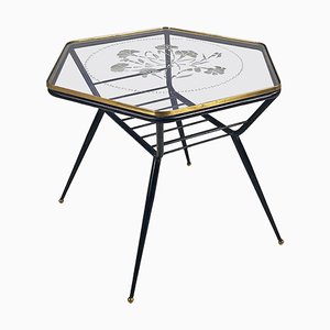Italian Deco Metal and Decorate Glass Coffee Table with Magazine Rack, 1950s