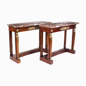 Antique French Empire Ormolu Mounted Flame Mahogany Console Tables, 19th Century, Set of 2