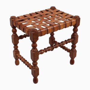 Oak Stool with Cognac Colored Leather Strips in the style of Axel Einar Hjorth, 1930s