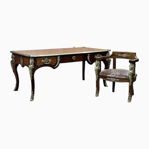 Desk and Its Armchair, Regency Style, Napoleon Iii Period, Late 19th Century, in Amaranth, Rosewood and Oak, Set of 2