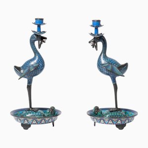19th Century Cloisonné Bronze Candleholders Representing Cranes Birds and Turtles, Set of 2