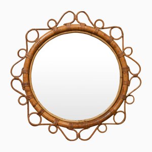 Mid-Century Circular Rattan Mirror with Handwoven Thin Patterns, 1950s