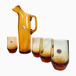 Amber Glass Carafe by Wilhelm Braun-Feldweg for Kristallglaswerke Hirschberg, 1950s, Set of 5