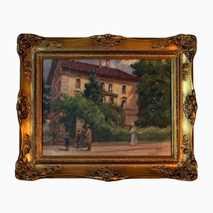 Paul Mishel, Scena di strada impressionista a Ulm, 1890, Olio su tavola, con cornice