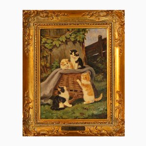 Benno Kögl, Quattro gattini, metà XX secolo, Olio su tela, con cornice