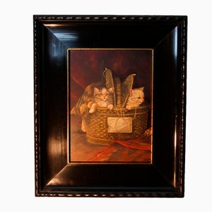 Gabor Kettinger, Three Kittens in a Basket, Late 20th Century, Oil on Wood, Framed