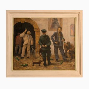 Drinking Men, 1970, Oil on Board, Framed