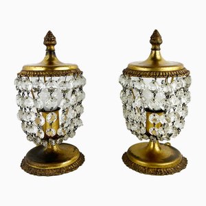 Vintage Empire Italian Brass and Crystal Table Lamps, 1930s, Set of 2