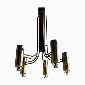 Brass and Wood Flush Mount Chandelier by Angelo Brotto for Esperia, Italy, 1970s