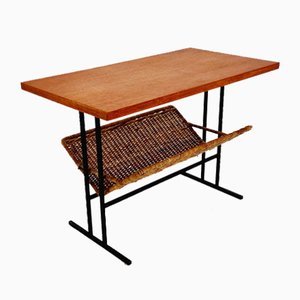 Mid-Century Danish Teak and Rattan Side Table with Magazine Rack, 1960s