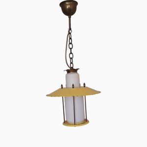 Mid-Century Ceiling Lamp with Opaque White Glass Shade in a Brass Mount with Yellow Metal Panels, 1950s