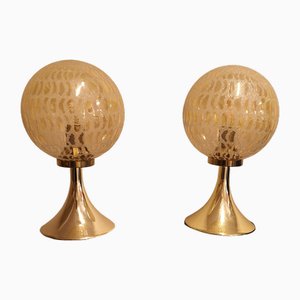 Lampes de Chevet Vintage avec Socle en Plastique Doré et Abat-Jour Rond en Verre à Motifs, 1970s, Set de 2