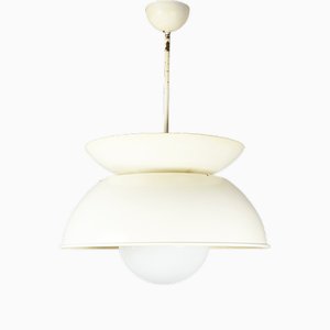 Lámpara colgante Cetra de latón pintado en blanco y marfil de Vico Magistretti para Artemide, años 60