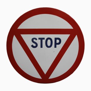 Panneau de Signalisation Stop en Métal Émaillé Rouge et Blanc, 1965