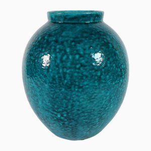 Large Art Deco Floor Vase Decorated with Speckled Turquoise Glaze by Herman A. Kähler, Denmark, 1930s