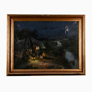 Group of Travellers Around the Fire Night Scene, Early 1900s, Oil on Canvas
