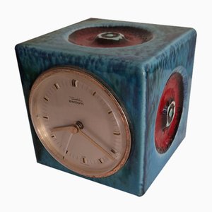 Vintage German Cube Clock with Ceramic Case in Red-Blue-Brown Glaze from Diehl, 1970s