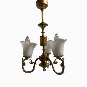Small Three-Arm Chandelier in Brass and Glass, 1970s
