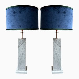Lampade da tavolo grandi in marmo e rame con paralume in velluto di Hilton Hotel, anni '80, set di 2
