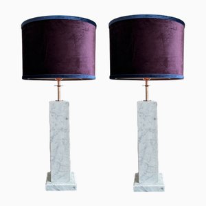 Large Marble and Copper Table Lamps with Velvet Shade, 1980s, Set of 2