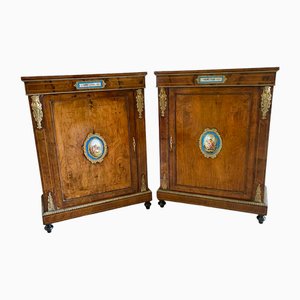 Antique Victorian Inlaid Burr Walnut and Porcelain Mounted Pier Cabinets, 1860, Set of 2