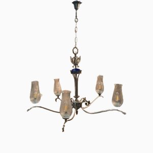 Lampadario neoclassico a cinque luci in vetro e acciaio cromato attribuito a Kaiser Leuchten per Kaiser Idell / Kaiser Leuchten, anni '50