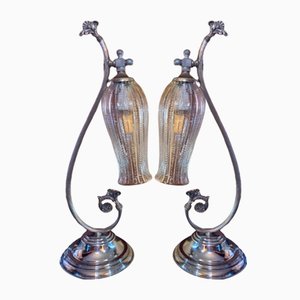 Lampade da tavolo neoclassiche con paralumi in vetro argento e cromato, anni '50, set di 2