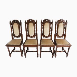 French Renaissance Revival Hunting Style Chairs in Carved Oak Black Forest, 1870s, Set of 4