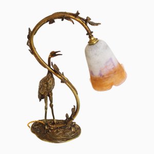 Antique French Art Nouveau Heron Table Lamp by Degue, 1920s