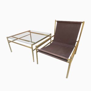 Vintage Italian Brass Dining Chairs and Table 1970s, Set of 3