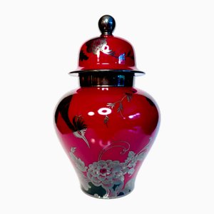 Jarrón Art Déco de porcelana con tapa y decoración plateada de pájaro exótico de Rosenthal, Alemania, 1932