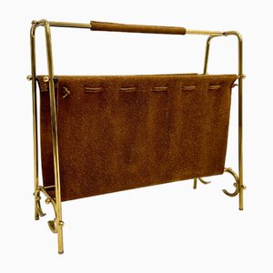 Mid-Century Leather & Brass Magazine Rack, 1960s