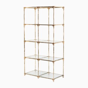 Vintage Shelf in Gilded Iron, Faux Bamboo, Cane and Glass, Spain, 1960s