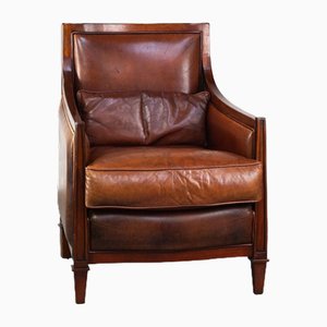 Art Deco Armchair in Cognac Sheep Leather and Wood