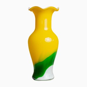 Vintage Murano Glass Fenton Vase in Yellow, White & Green, Italy, 1970s