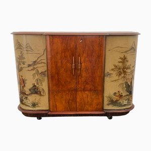 Mueble bar Art Déco de plumas de nogal y lacado chinoiserie, años 30