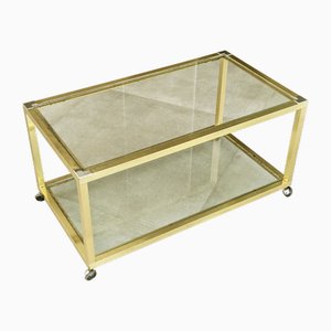 Italian Brass, Chrome Plated Metal and Glass Coffee Table with Wheels, 1970s