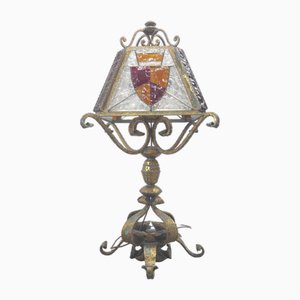 Lampada da terra in ferro battuto e vetro martellato, anni '60