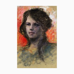 Renato Criscuolo, Mediterranean Female Portrait, Mixed Media on Cardboard