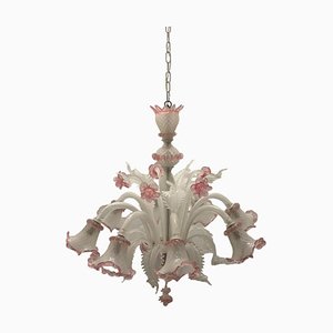 Lampadario grande in vetro di Murano rosa e bianco, Venezia, anni '70