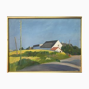 Landscape with White Walled Cottage and Blue Skies, Mid-20th Century, Oil on Canvas, Framed