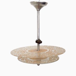 Art Deco Chandelier with Discs Decorated with Stylized Roses in Pink Granite, 1940s
