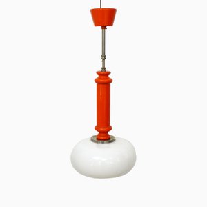 Vintage Space Age Pendant Light in Orange Wood & Opaline Lampshade, 1960s