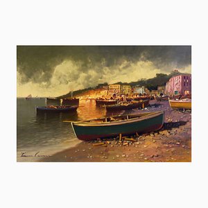 Carmine Zenna, Coastal Evening Scene in Naples, Oil on Canvas, 1980s