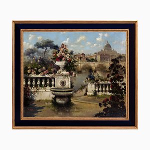 Antonio Celli, Giardino lussureggiante con vista sulla Basilica di San Pietro, Olio su tela, inizio XXI secolo, con cornice