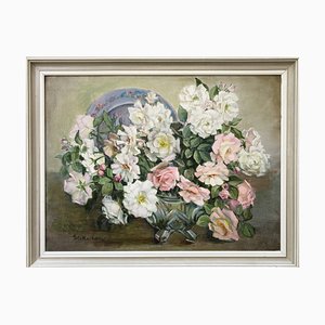 Stella Lane, Pink and White Roses in Glass Vase, Oil on Board, Mid 20th Century, Framed